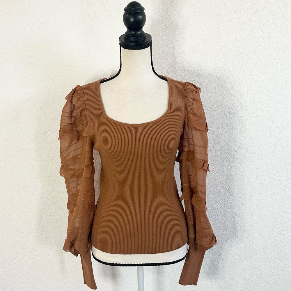 ONTWELFTH Brown Cognac Contem Sweater Ribbed Medium Lace Sleeves Square Neck NWT